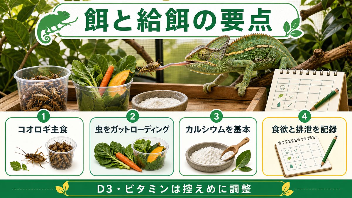 餌と給餌の要点をまとめたカメレオン・爬虫類飼育インフォグラフィック