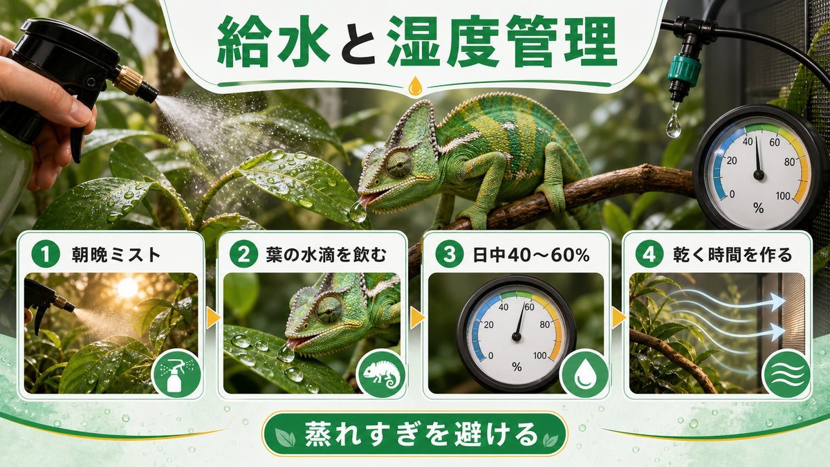 給水と湿度の管理の要点をまとめたカメレオン・爬虫類飼育インフォグラフィック