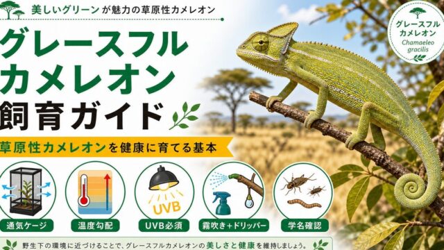 グレースフルカメレオン（Chamaeleo gracilis）飼育完全ガイド｜アフリカ草原の優美な中型カメレオンの特徴・飼育・近縁種比較を徹底解説の要点を伝えるカメレオン・爬虫類記事アイキャッチ画像