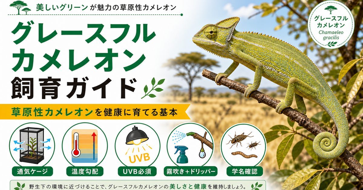 グレースフルカメレオン（Chamaeleo gracilis）飼育完全ガイド｜アフリカ草原の優美な中型カメレオンの特徴・飼育・近縁種比較を徹底解説の要点を伝えるカメレオン・爬虫類記事アイキャッチ画像