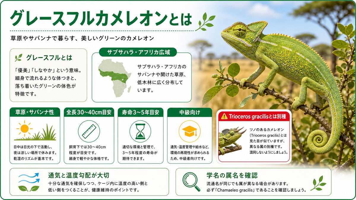 グレースフルカメレオンとは（基本情報）の要点をまとめたカメレオン・爬虫類飼育インフォグラフィック
