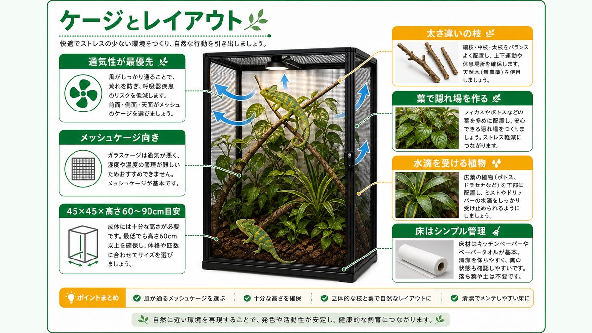 飼育ケージの選び方とレイアウトの要点をまとめたカメレオン・爬虫類飼育インフォグラフィック