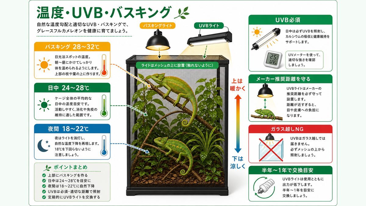 温度・UVB・バスキング管理の要点をまとめたカメレオン・爬虫類飼育インフォグラフィック