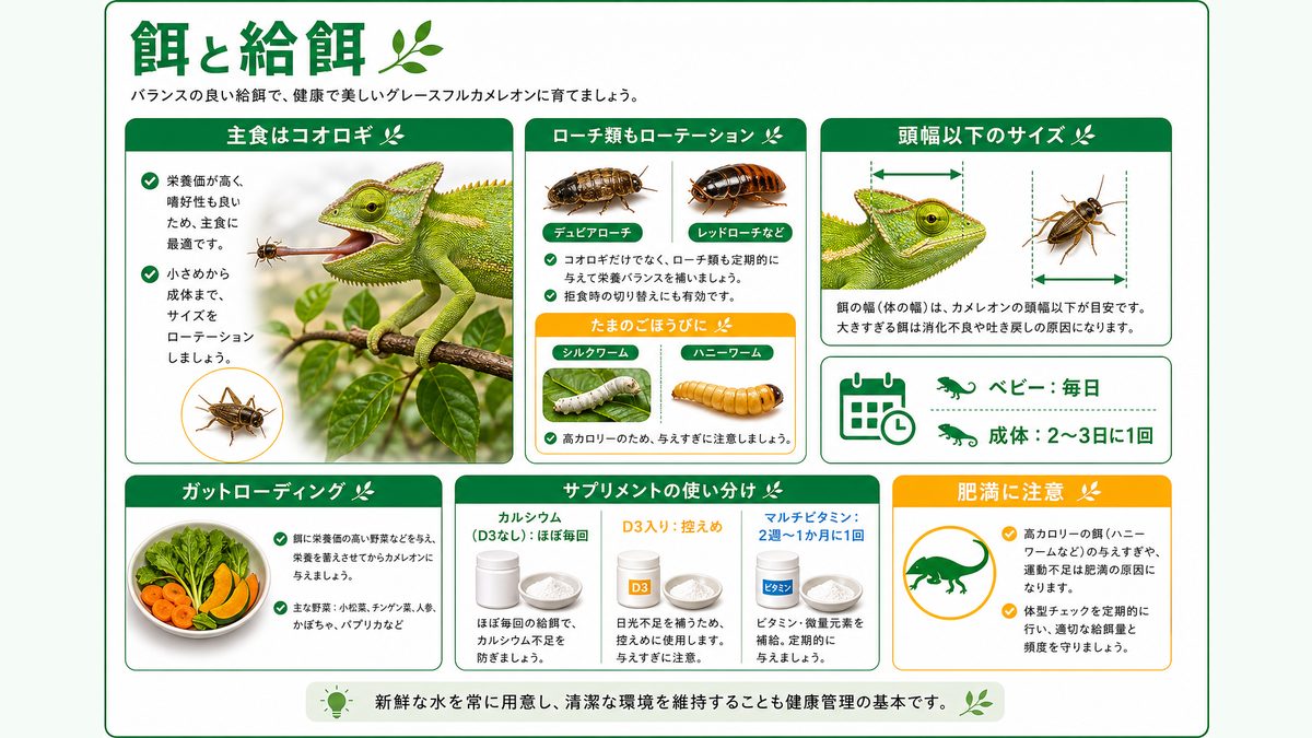 餌と給餌のポイントの要点をまとめたカメレオン・爬虫類飼育インフォグラフィック