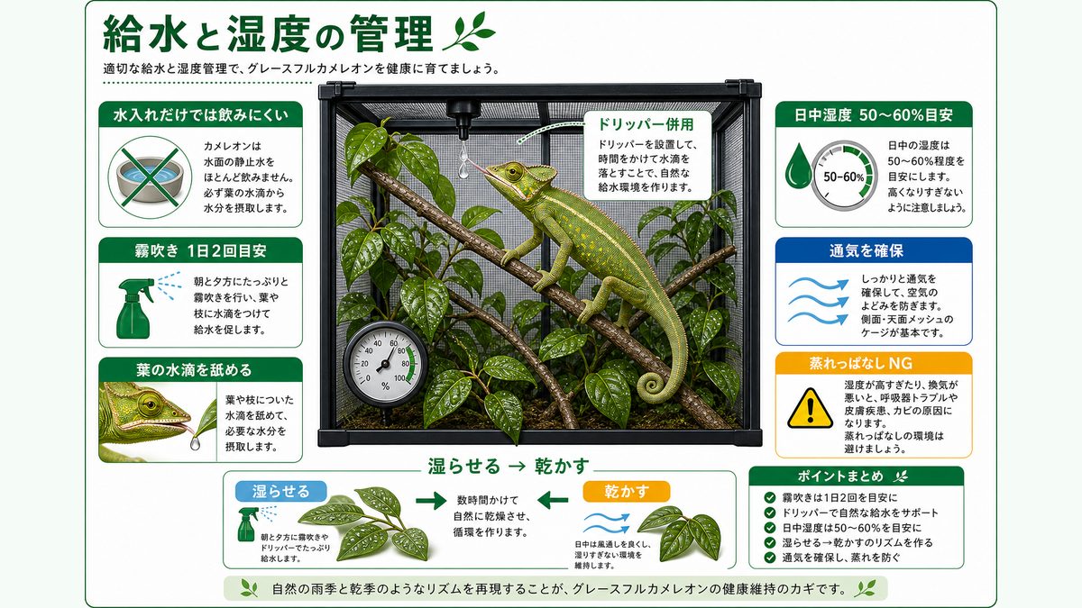 給水と湿度の管理の要点をまとめたカメレオン・爬虫類飼育インフォグラフィック