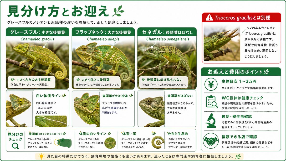 近縁種との見分け方・お迎えと費用の要点をまとめたカメレオン・爬虫類飼育インフォグラフィック