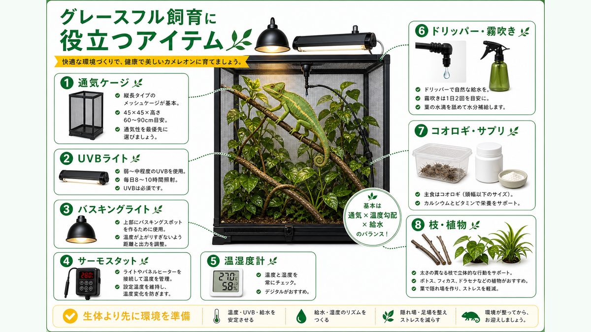 グレースフル飼育に役立つアイテムの要点をまとめたカメレオン・爬虫類飼育インフォグラフィック
