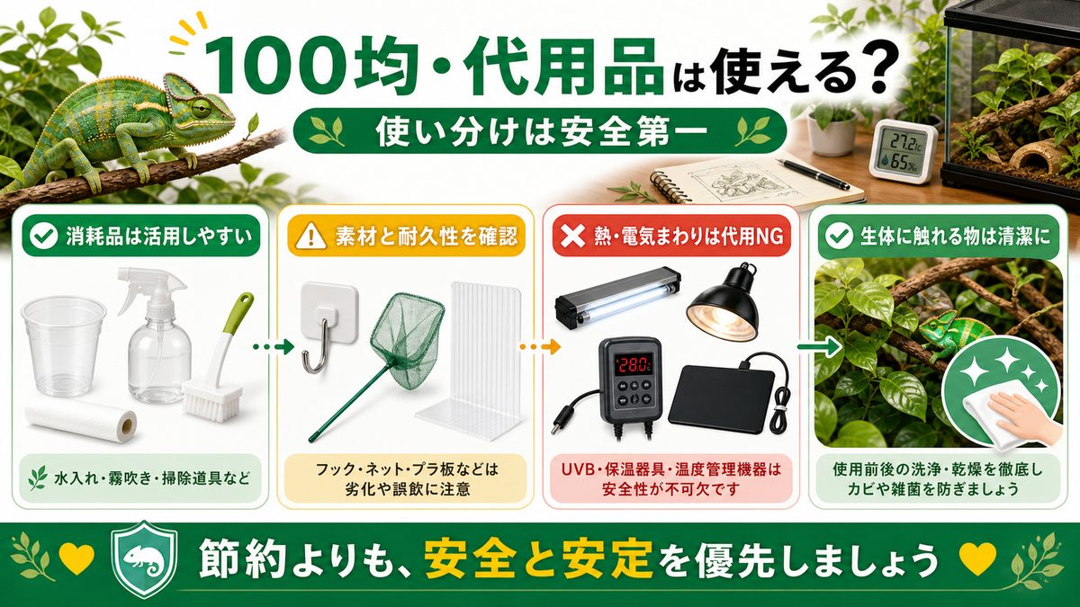 カメレオン飼育で100均・代用品は使える？の要点をまとめたカメレオン・爬虫類飼育インフォグラフィック