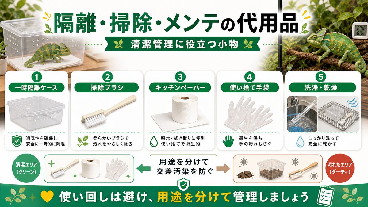隔離・掃除・メンテの代用品の要点をまとめたカメレオン・爬虫類飼育インフォグラフィック