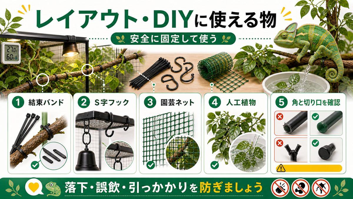 レイアウト・DIYに使える100均アイテムの要点をまとめたカメレオン・爬虫類飼育インフォグラフィック