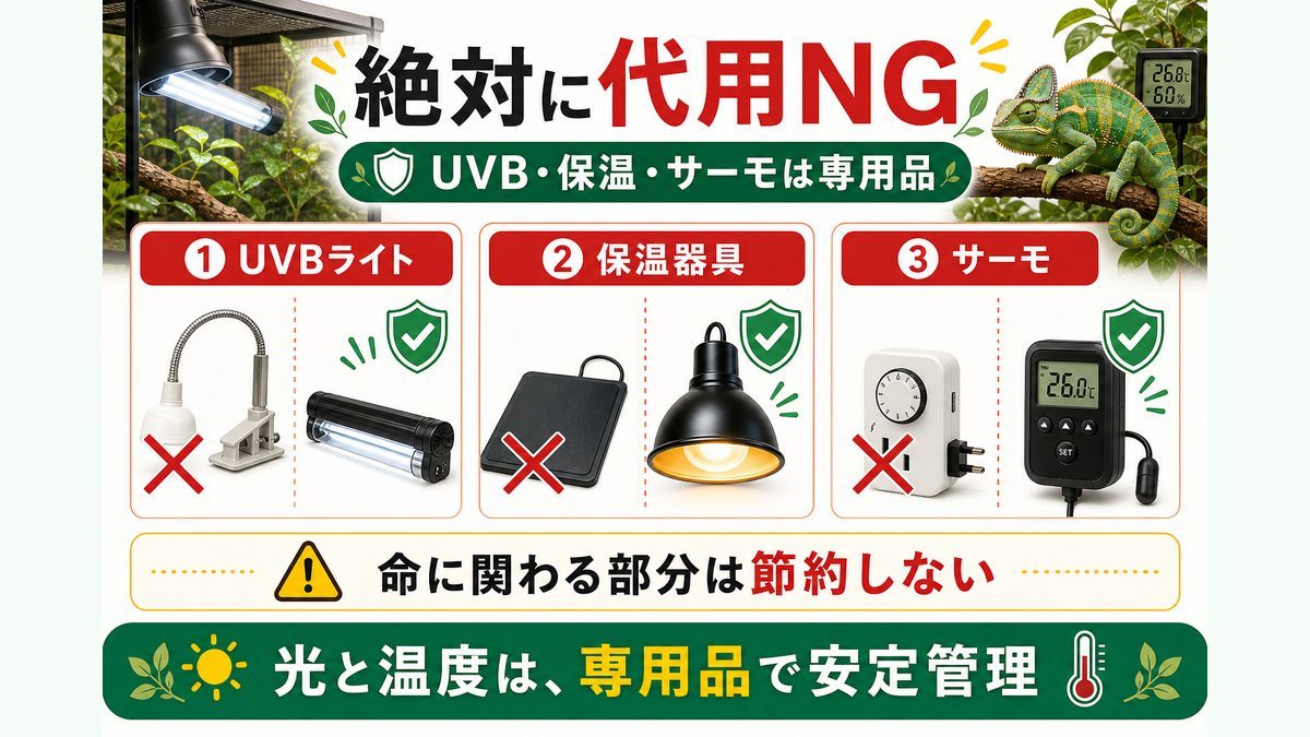 ★絶対に代用してはいけない物（UVB・保温・サーモ）の要点をまとめたカメレオン・爬虫類飼育インフォグラフィック