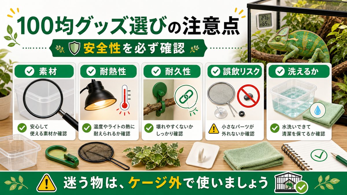 100均グッズ選びの注意点（安全性）の要点をまとめたカメレオン・爬虫類飼育インフォグラフィック
