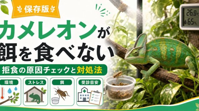 カメレオンが餌を食べない！拒食の原因チェックリストと対処法を徹底解説の要点を伝えるカメレオン・爬虫類記事アイキャッチ画像