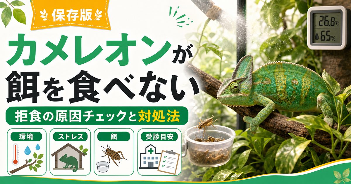 カメレオンが餌を食べない！拒食の原因チェックリストと対処法を徹底解説の要点を伝えるカメレオン・爬虫類記事アイキャッチ画像