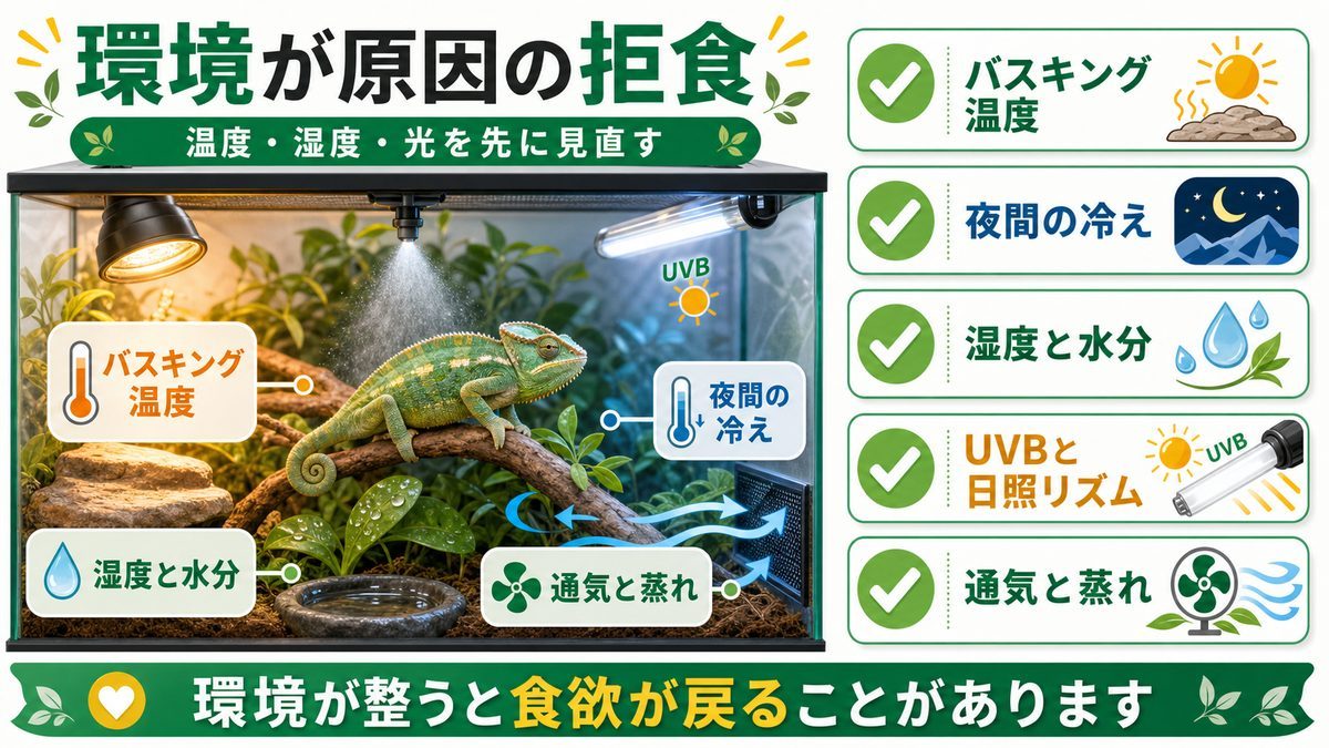 環境が原因の拒食の要点をまとめたカメレオン・爬虫類飼育インフォグラフィック
