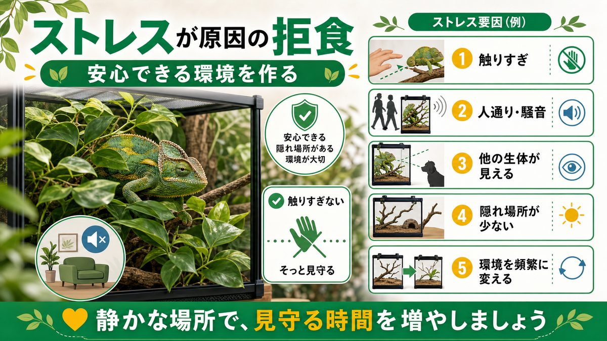 ストレスが原因の拒食の要点をまとめたカメレオン・爬虫類飼育インフォグラフィック