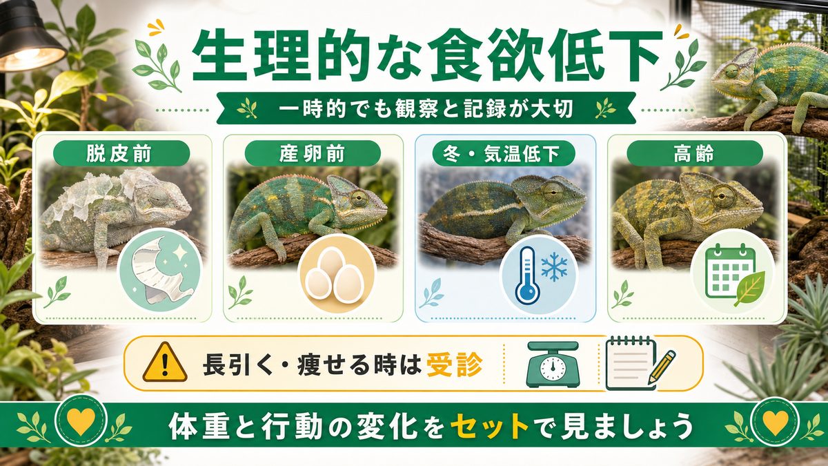 生理的な食欲低下（脱皮前・産卵前・冬・高齢）の要点をまとめたカメレオン・爬虫類飼育インフォグラフィック