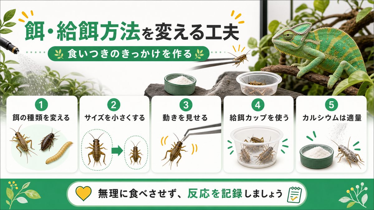 餌・給餌方法を変える工夫の要点をまとめたカメレオン・爬虫類飼育インフォグラフィック