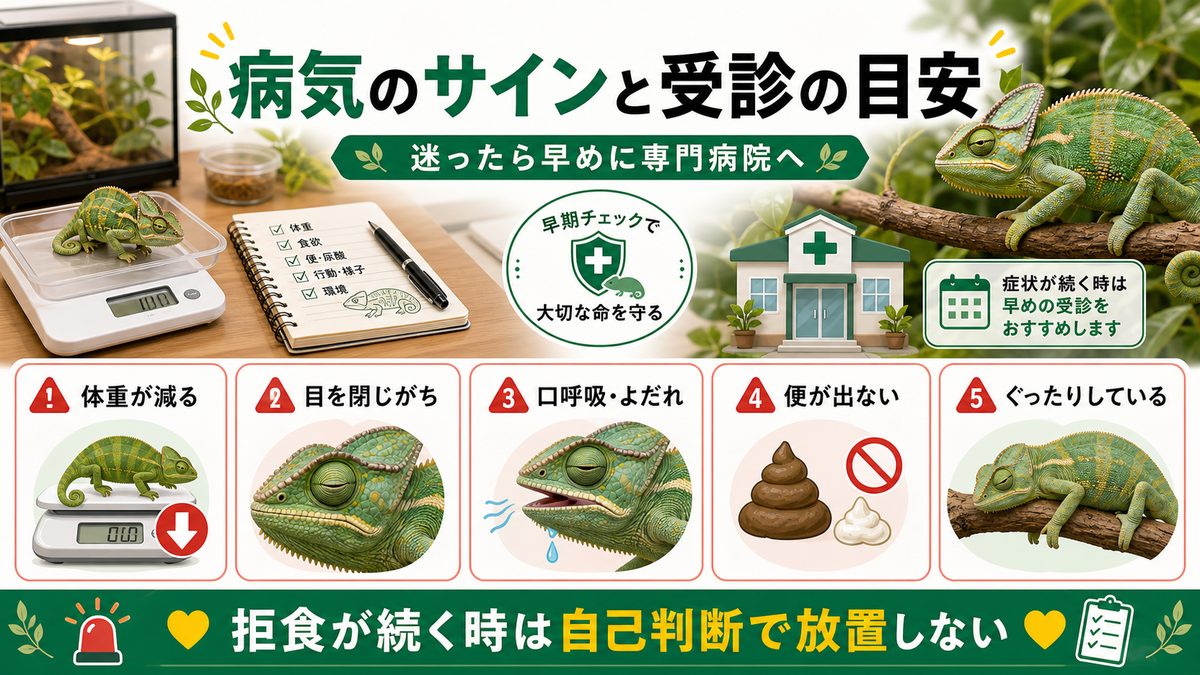 病気のサインと受診の目安の要点をまとめたカメレオン・爬虫類飼育インフォグラフィック