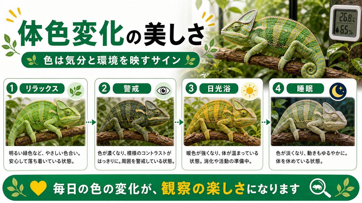 カメレオン最大の魅力『体色変化』の美しさの要点をまとめたカメレオン・爬虫類飼育インフォグラフィック