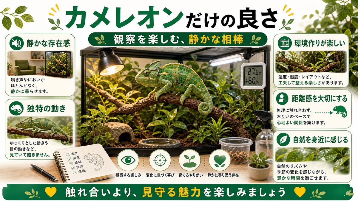 他のペットにはないカメレオンの良さの要点をまとめたカメレオン・爬虫類飼育インフォグラフィック