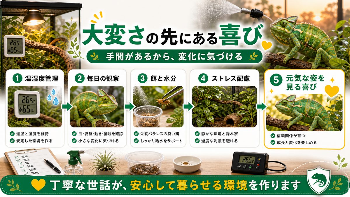 大変さの先にある喜びの要点をまとめたカメレオン・爬虫類飼育インフォグラフィック