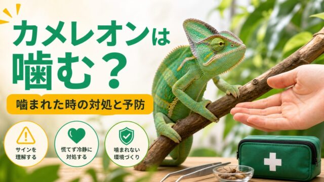 カメレオンは噛む？噛まれたときの対処法と噛まれない接し方を徹底解説の要点を伝えるカメレオン・爬虫類記事アイキャッチ画像