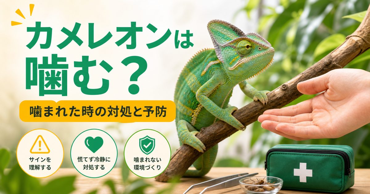 カメレオンは噛む？噛まれたときの対処法と噛まれない接し方を徹底解説の要点を伝えるカメレオン・爬虫類記事アイキャッチ画像