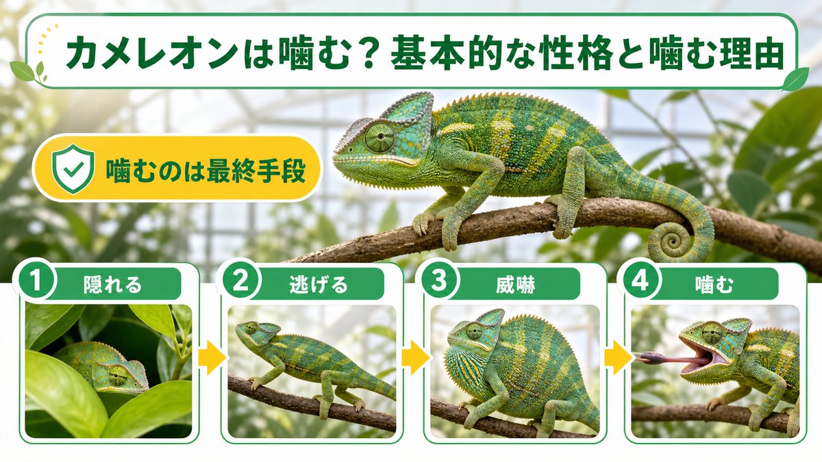 カメレオンは噛む?基本的な性格と噛む理由の要点をまとめたカメレオン・爬虫類飼育インフォグラフィック