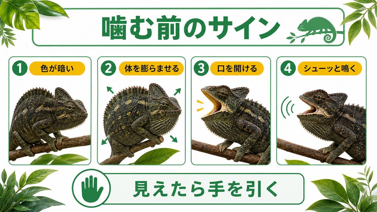 噛む前のサイン(威嚇のボディランゲージ)の要点をまとめたカメレオン・爬虫類飼育インフォグラフィック