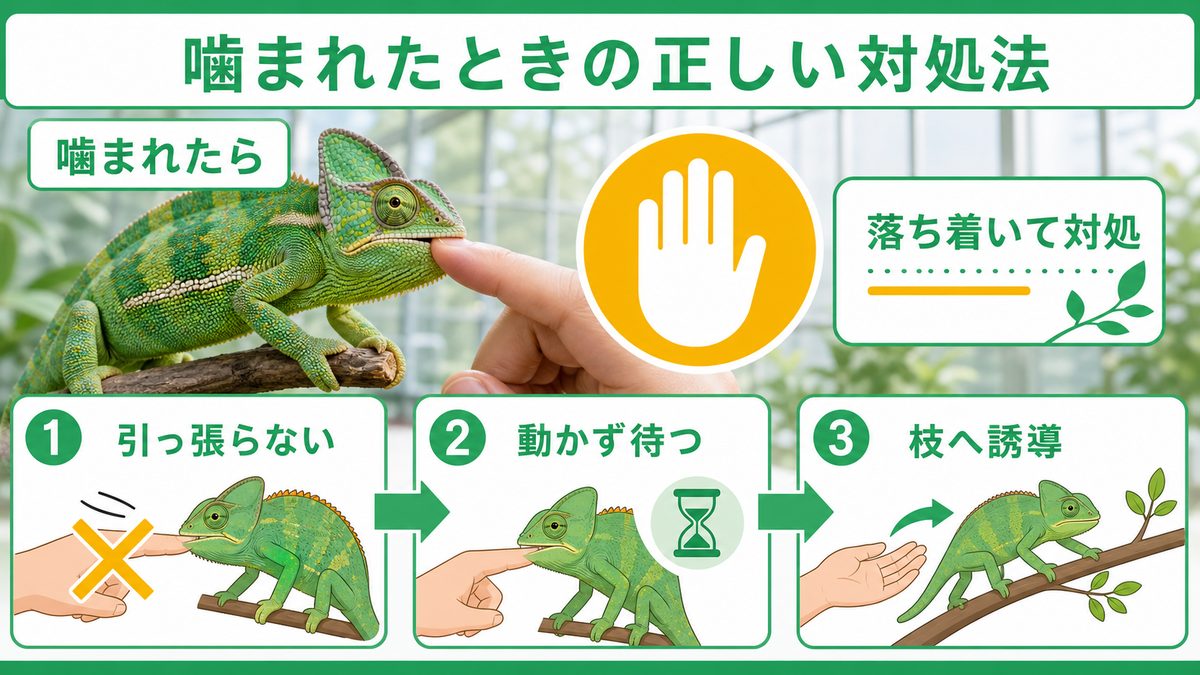 噛まれたときの正しい対処法の要点をまとめたカメレオン・爬虫類飼育インフォグラフィック