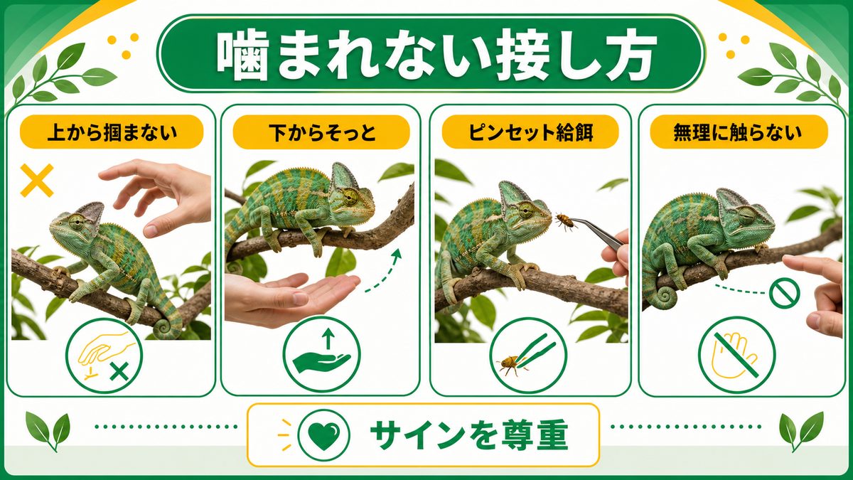 噛まれないための接し方・ハンドリングの要点をまとめたカメレオン・爬虫類飼育インフォグラフィック