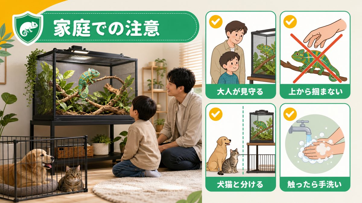 子供やほかのペットがいる家庭での注意の要点をまとめたカメレオン・爬虫類飼育インフォグラフィック