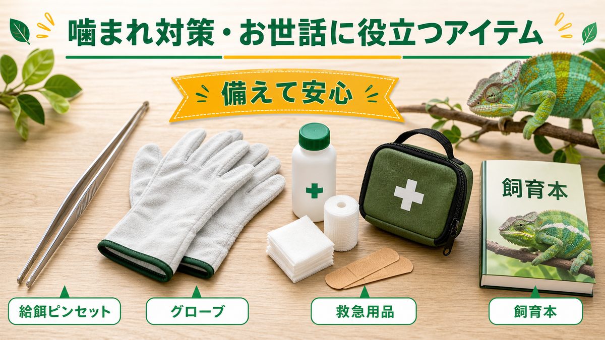 噛まれ対策・お世話に役立つアイテムの要点をまとめたカメレオン・爬虫類飼育インフォグラフィック