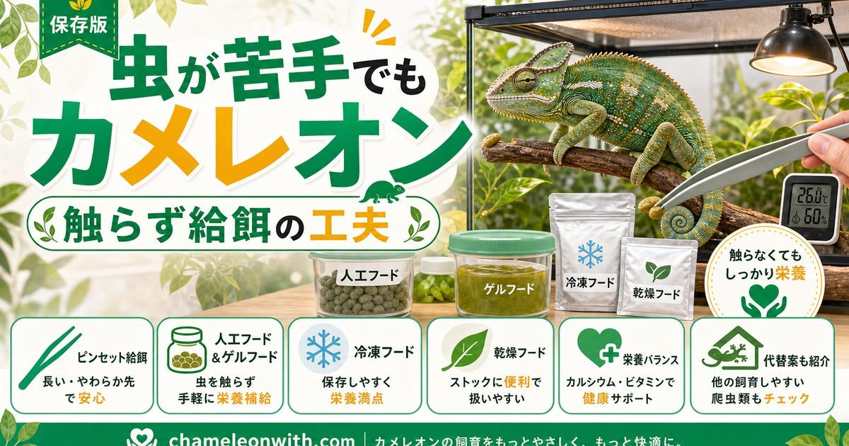 虫が苦手でもカメレオンは飼える！触らず与える餌の選び方・人工飼料・冷凍餌・ピンセット術完全ガイドの要点を伝えるカメレオン・爬虫類記事アイキャッチ画像
