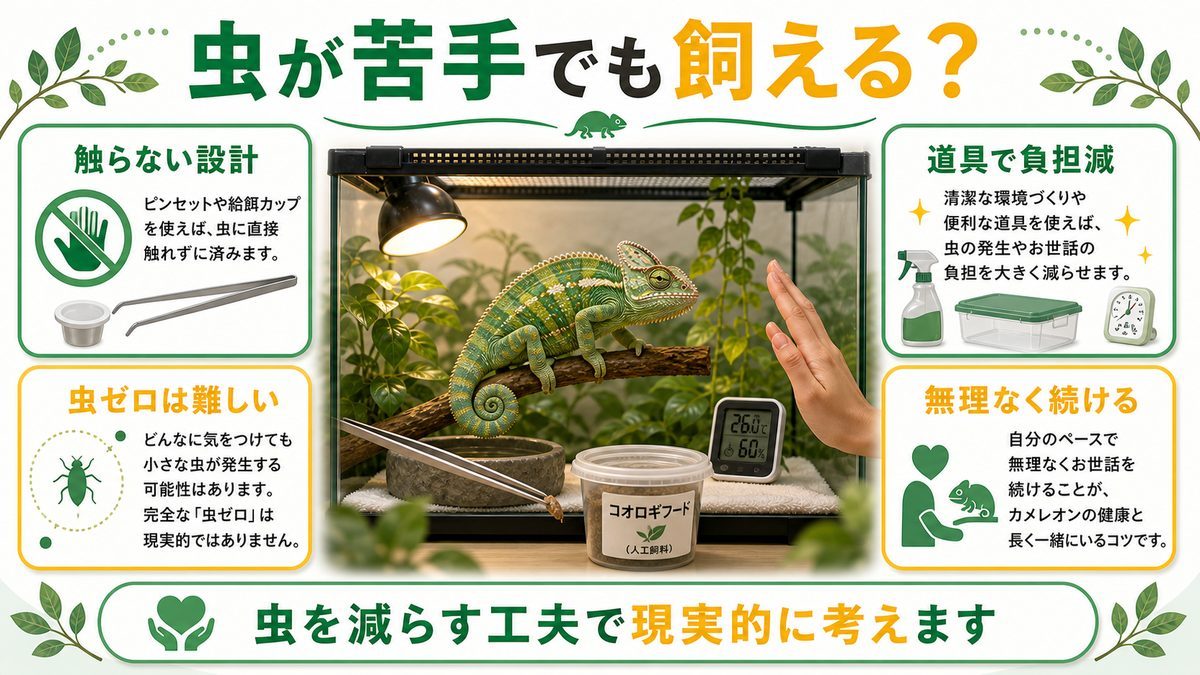 虫が苦手でもカメレオンは飼える？の要点をまとめたカメレオン・爬虫類飼育インフォグラフィック