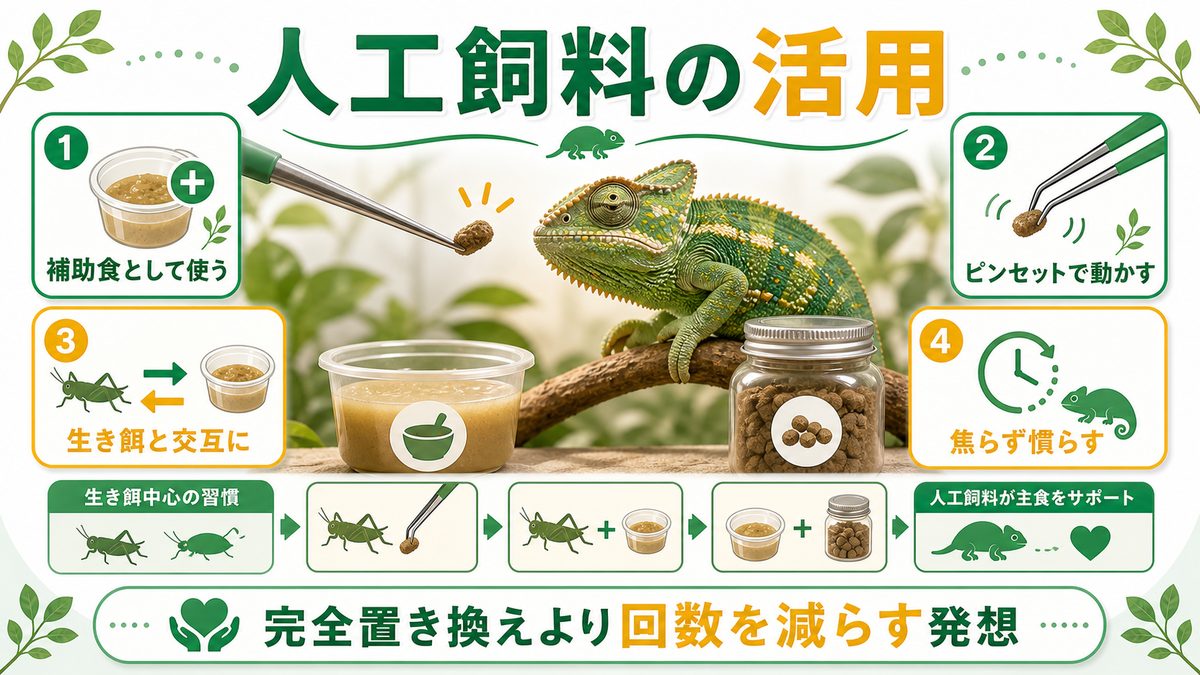 人工飼料を上手に活用するの要点をまとめたカメレオン・爬虫類飼育インフォグラフィック