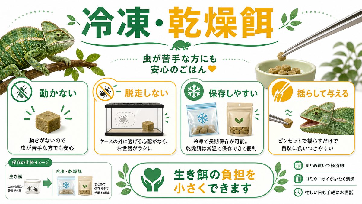冷凍・フリーズドライ餌という選択肢の要点をまとめたカメレオン・爬虫類飼育インフォグラフィック