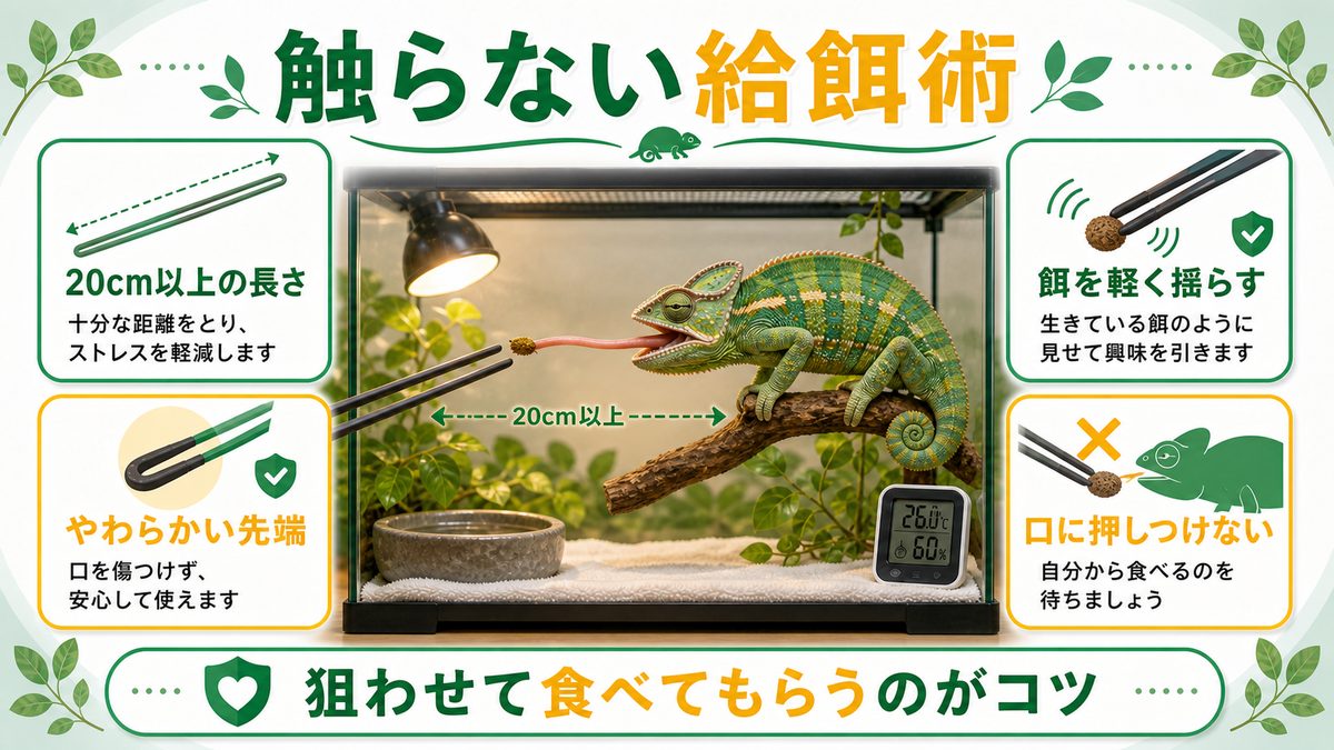 虫に触らないピンセット給餌術の要点をまとめたカメレオン・爬虫類飼育インフォグラフィック