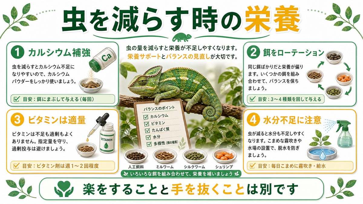 虫を減らす時の栄養の注意の要点をまとめたカメレオン・爬虫類飼育インフォグラフィック