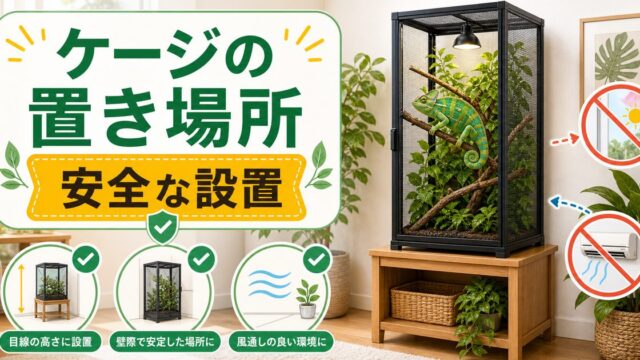 カメレオンのケージはどこに置く？最適な置き場所と避けるべき場所を徹底解説の要点を伝えるカメレオン・爬虫類記事アイキャッチ画像