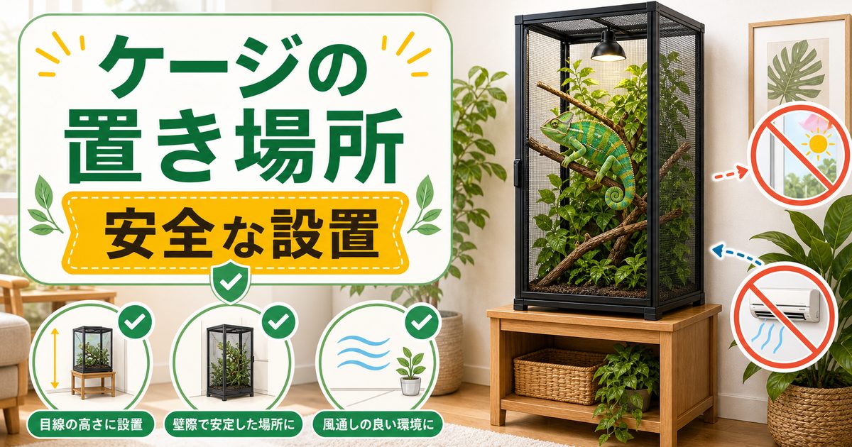カメレオンのケージはどこに置く？最適な置き場所と避けるべき場所を徹底解説の要点を伝えるカメレオン・爬虫類記事アイキャッチ画像