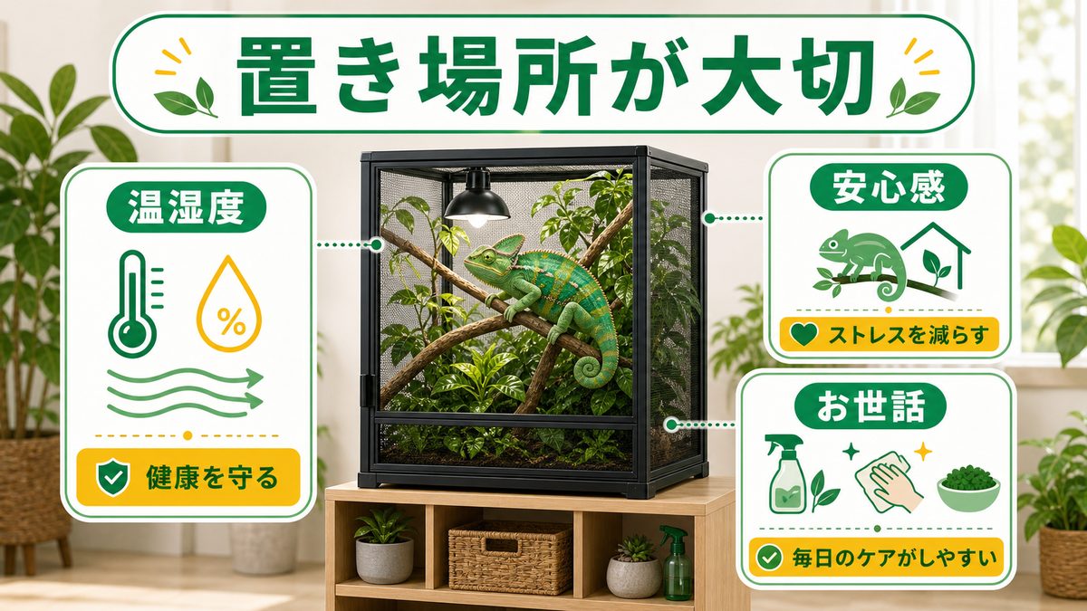 カメレオンのケージ置き場所が大切な理由の要点をまとめたカメレオン・爬虫類飼育インフォグラフィック