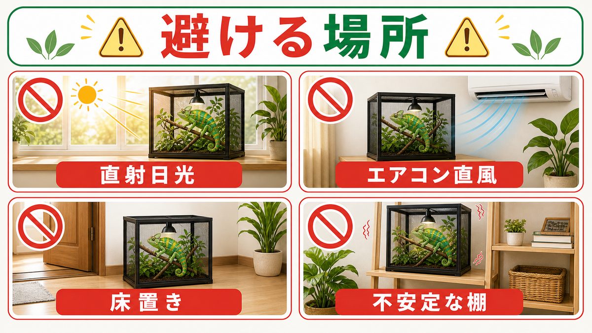 避けるべき置き場所【NG例】の要点をまとめたカメレオン・爬虫類飼育インフォグラフィック