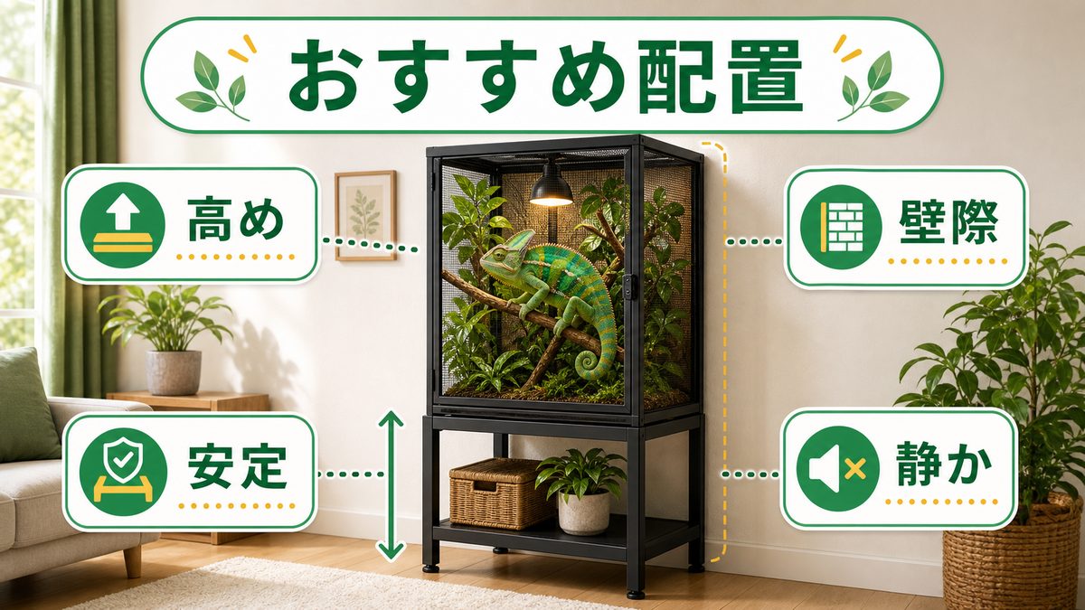 おすすめの置き場所【高さと安定】の要点をまとめたカメレオン・爬虫類飼育インフォグラフィック