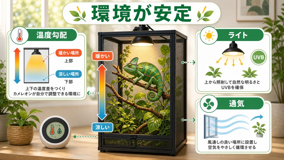 温度・光・通気と置き場所の関係の要点をまとめたカメレオン・爬虫類飼育インフォグラフィック