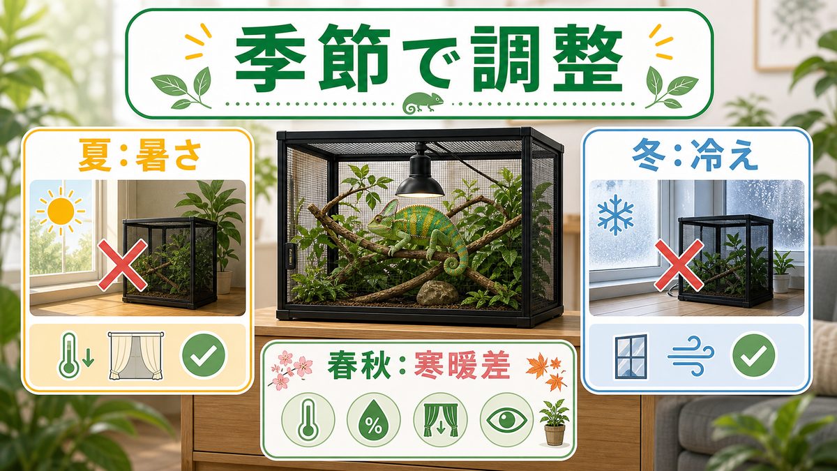 季節ごとの置き場所の微調整の要点をまとめたカメレオン・爬虫類飼育インフォグラフィック