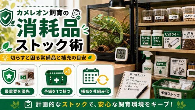 カメレオン飼育の消耗品・買い置きリスト完全版！切らすと困る常備品と補充の目安の要点を伝えるカメレオン・爬虫類記事アイキャッチ画像