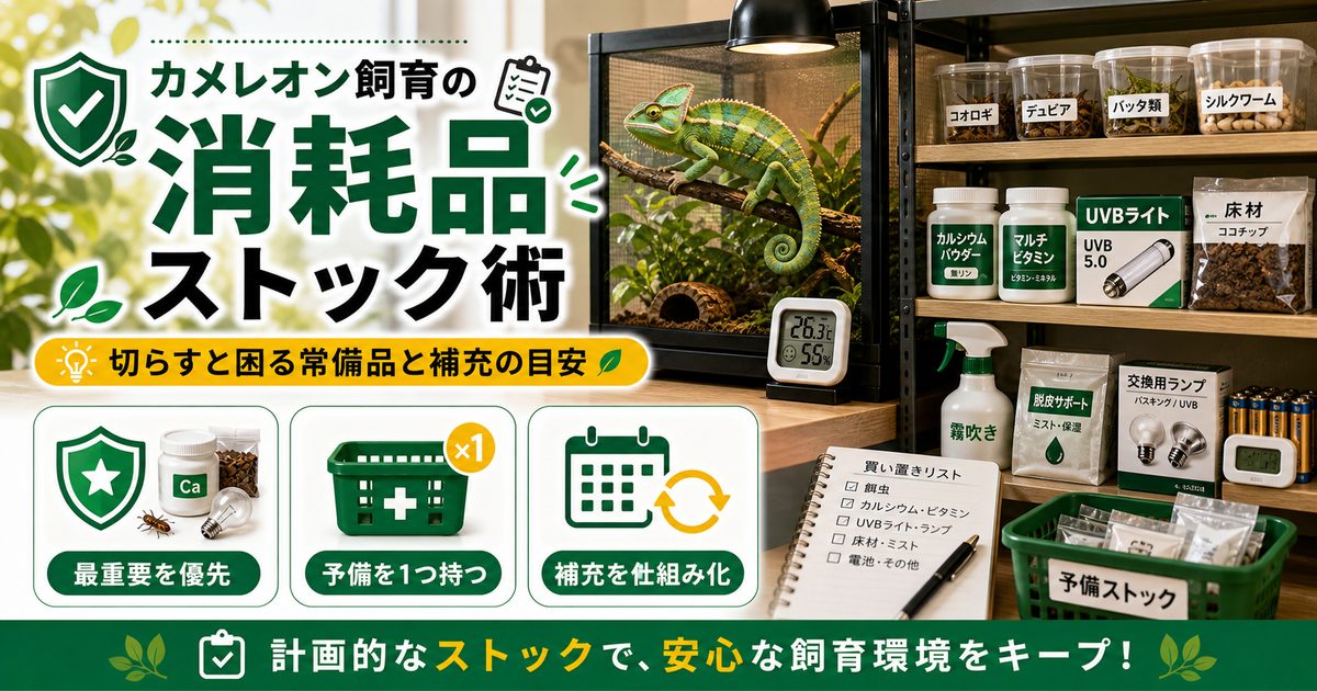 カメレオン飼育の消耗品・買い置きリスト完全版！切らすと困る常備品と補充の目安の要点を伝えるカメレオン・爬虫類記事アイキャッチ画像