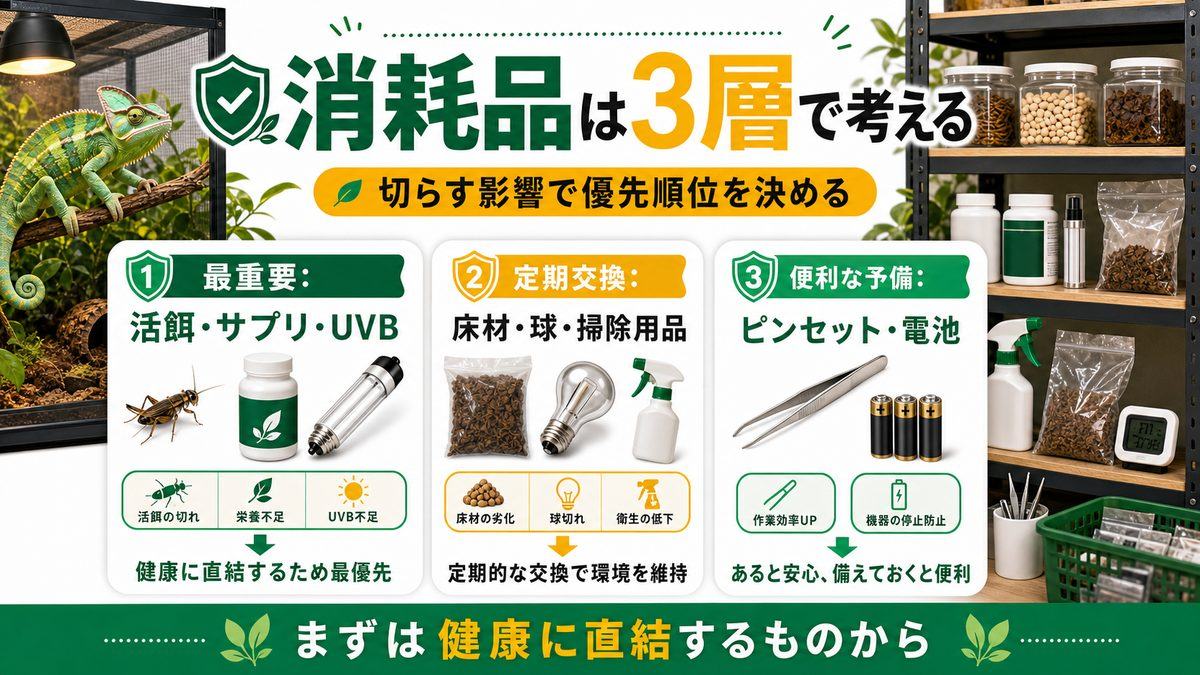 カメレオン飼育の「消耗品」を把握しようの要点をまとめたカメレオン・爬虫類飼育インフォグラフィック